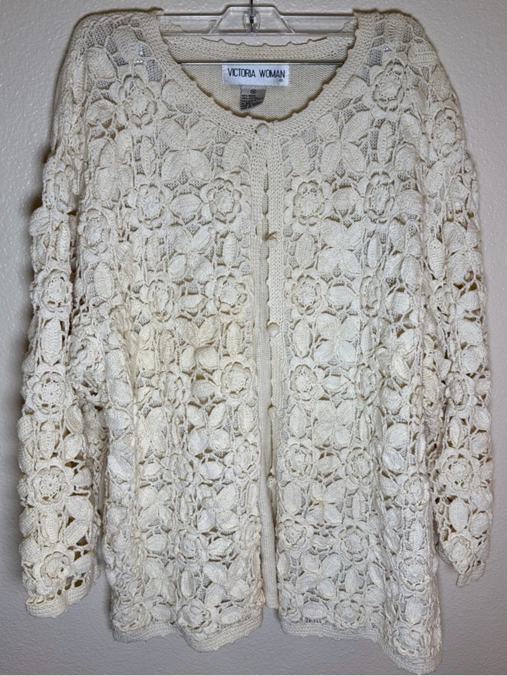 Vintage Grandmacore Floral Crochet Cardigan Sweater Cream Ramie Cotton - 1X
